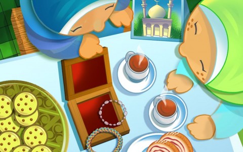 девочки, подарки, платочки, чай, рисунок мечети